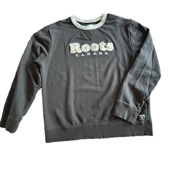 Roots unisex black crew neck sweatshirt with light camo trim and chenille logo - Picture 1 of 11